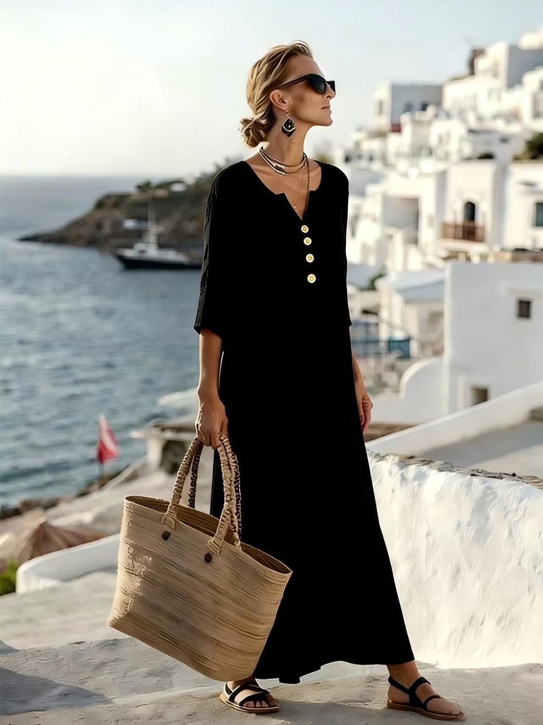 Lily | Timeless V-Neck Button Linen Maxi Dress