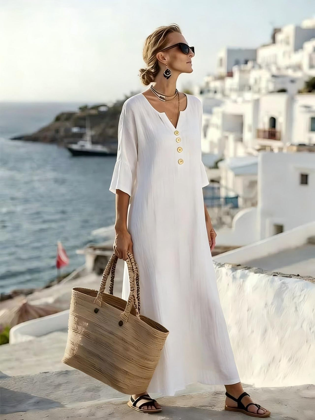 Lily | Timeless V-Neck Button Linen Maxi Dress