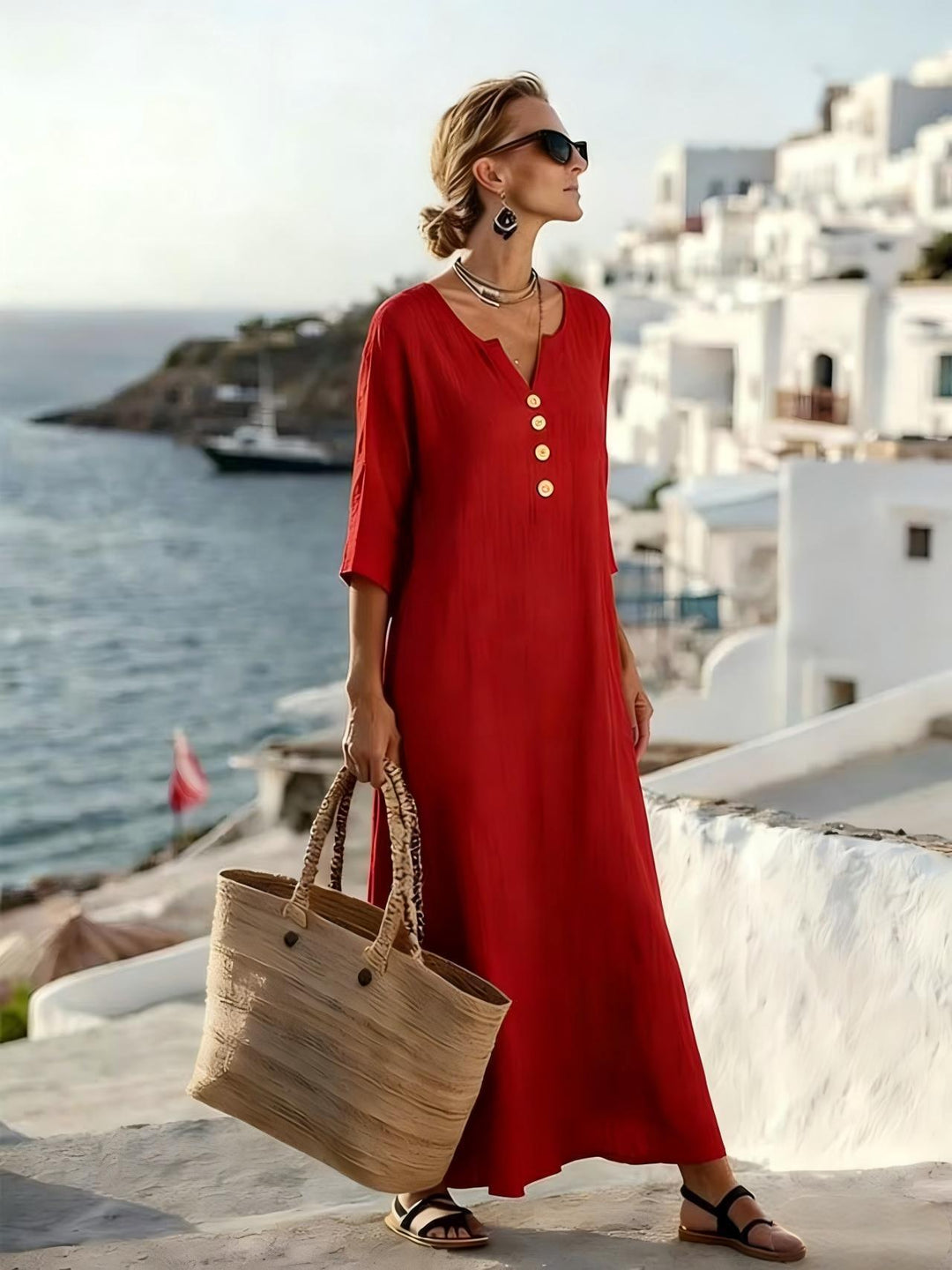 Lily | Timeless V-Neck Button Linen Maxi Dress