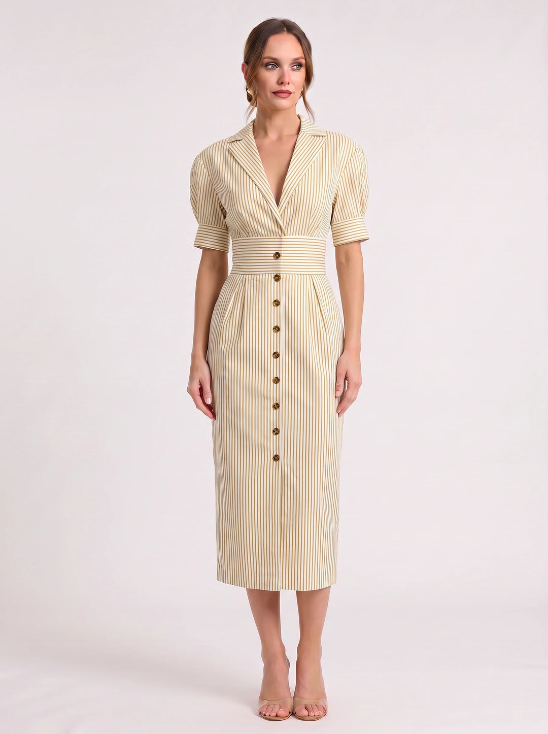 Lola | Striped Puff Sleeve Shirt Midi Dress