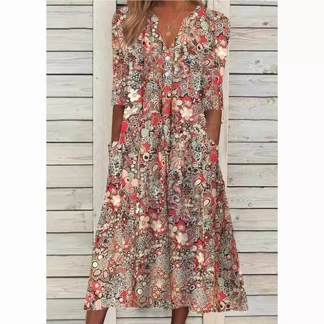 Lottie | Polished V-Neck Floral Midi Dress with Pockets