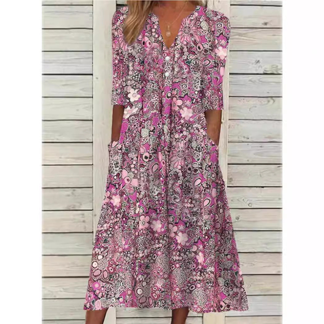 Lottie | Polished V-Neck Floral Midi Dress with Pockets