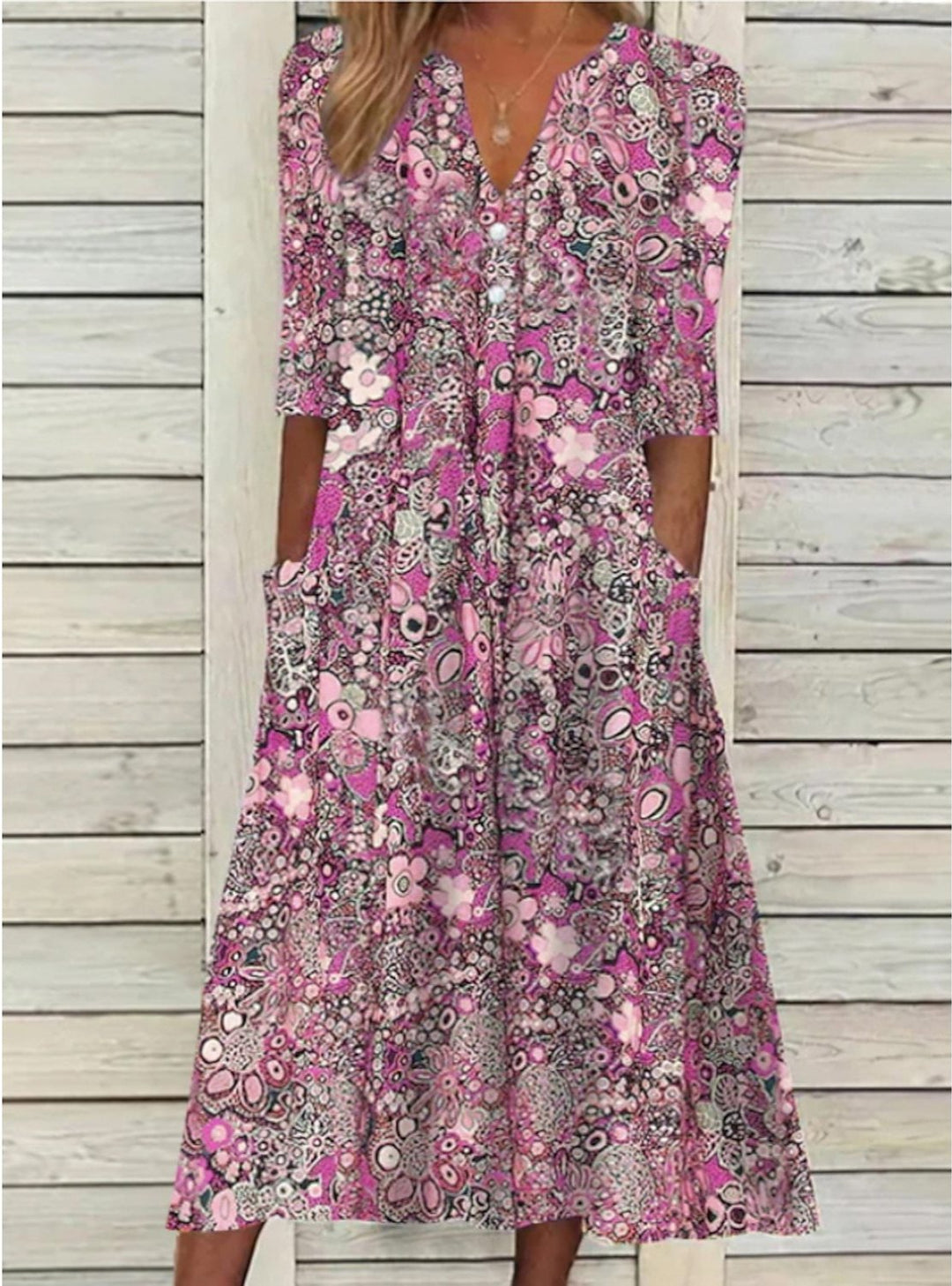 Lottie | Polished V-Neck Floral Midi Dress with Pockets