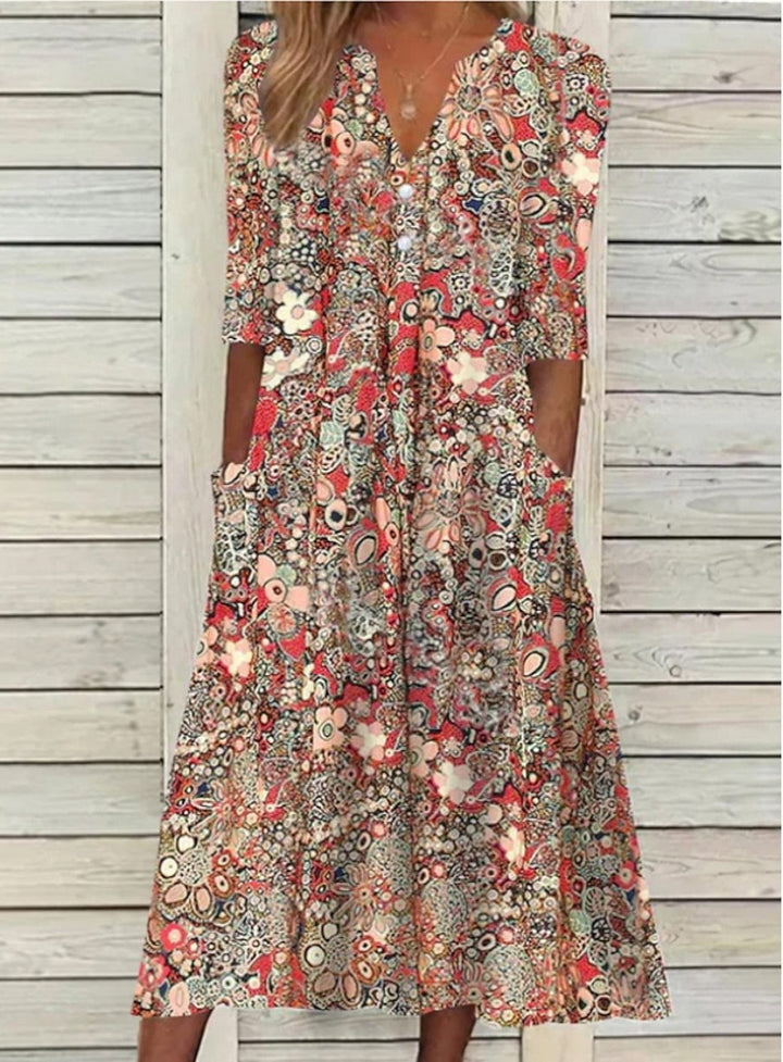 Lottie | Polished V-Neck Floral Midi Dress with Pockets