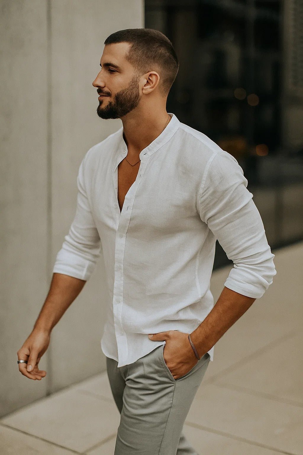 Louis | Relaxed Grandad Collar Long Sleeve Linen Shirt