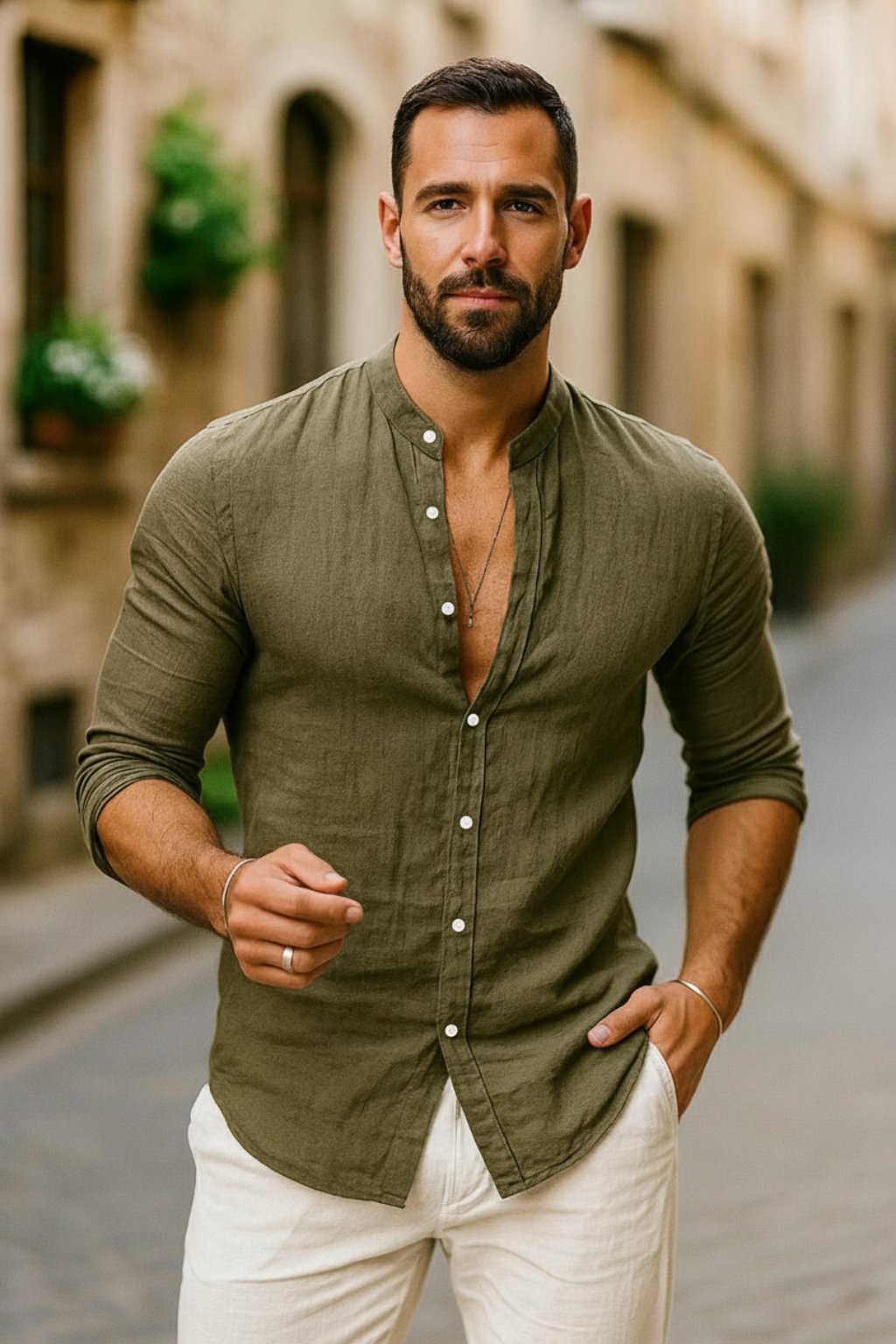 Louis | Relaxed Grandad Collar Long Sleeve Linen Shirt