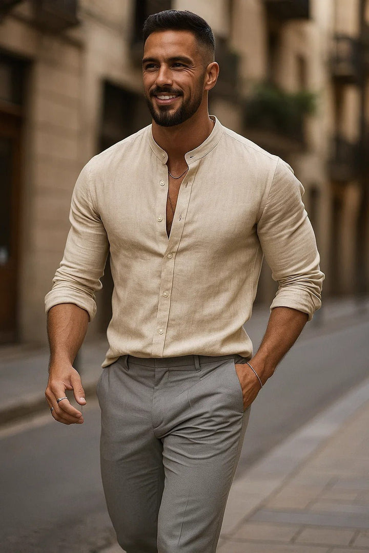 Louis | Relaxed Grandad Collar Long Sleeve Linen Shirt