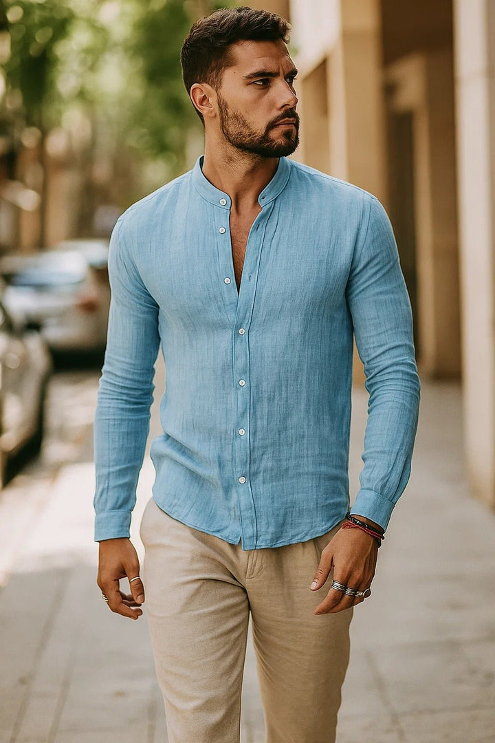 Louis | Relaxed Grandad Collar Long Sleeve Linen Shirt