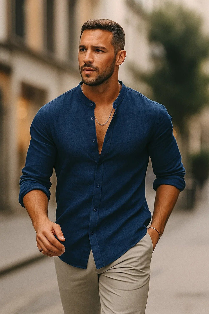 Louis | Relaxed Grandad Collar Long Sleeve Linen Shirt