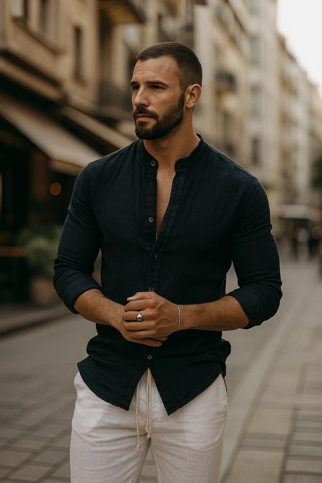 Louis | Relaxed Grandad Collar Long Sleeve Linen Shirt