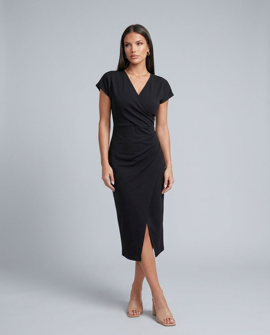 Lucy | Chic Draped Wrap Midi Cocktail Dress