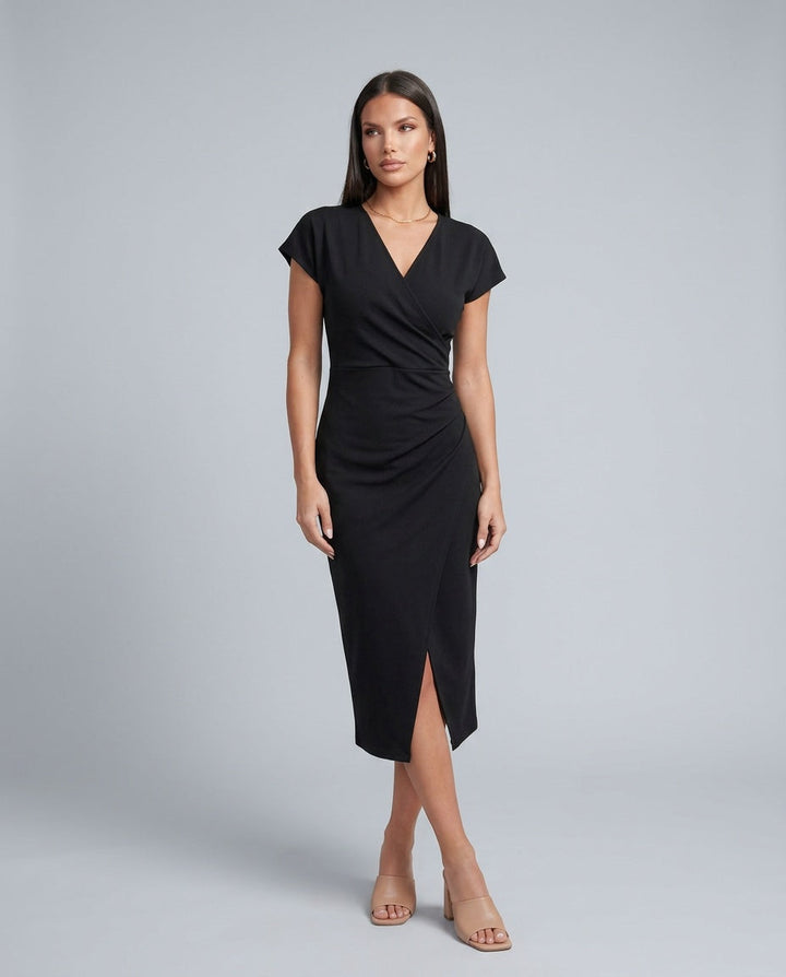 Lucy | Chic Draped Wrap Midi Cocktail Dress
