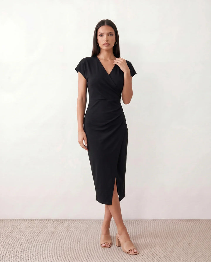 Lucy | Chic Draped Wrap Midi Cocktail Dress