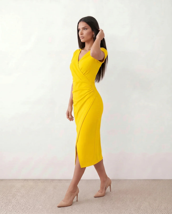 Lucy | Chic Draped Wrap Midi Cocktail Dress