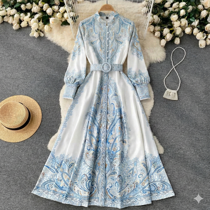 Lucy | Sophisticated Paisley Print Belted Maxi Cocktail Dress