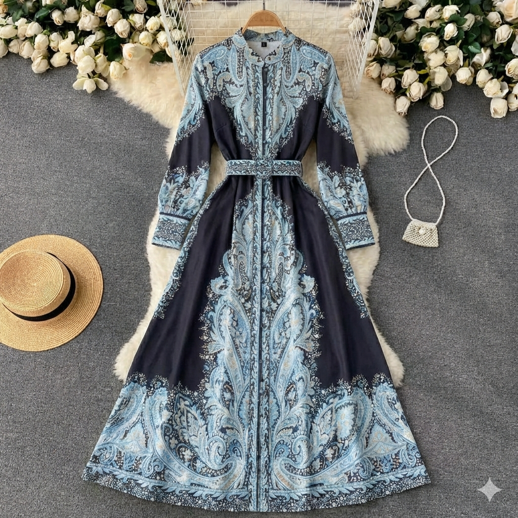 Lucy | Sophisticated Paisley Print Belted Maxi Cocktail Dress