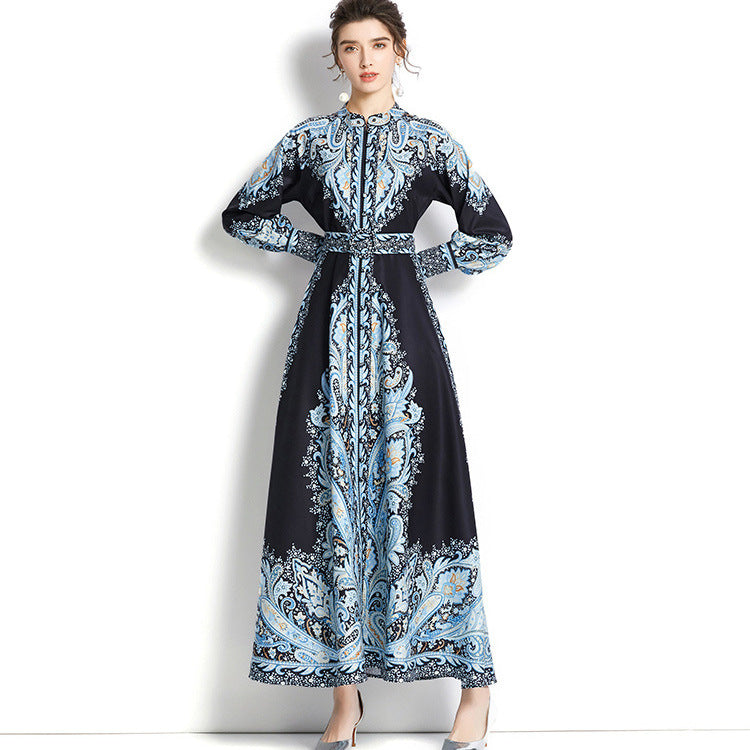 Lucy | Sophisticated Paisley Print Belted Maxi Cocktail Dress