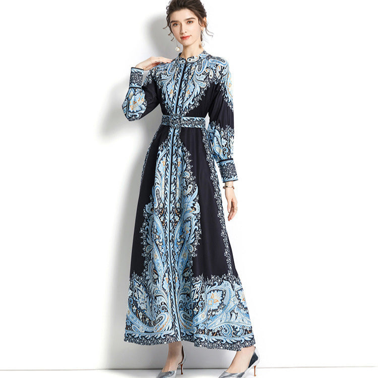 Lucy | Sophisticated Paisley Print Belted Maxi Cocktail Dress