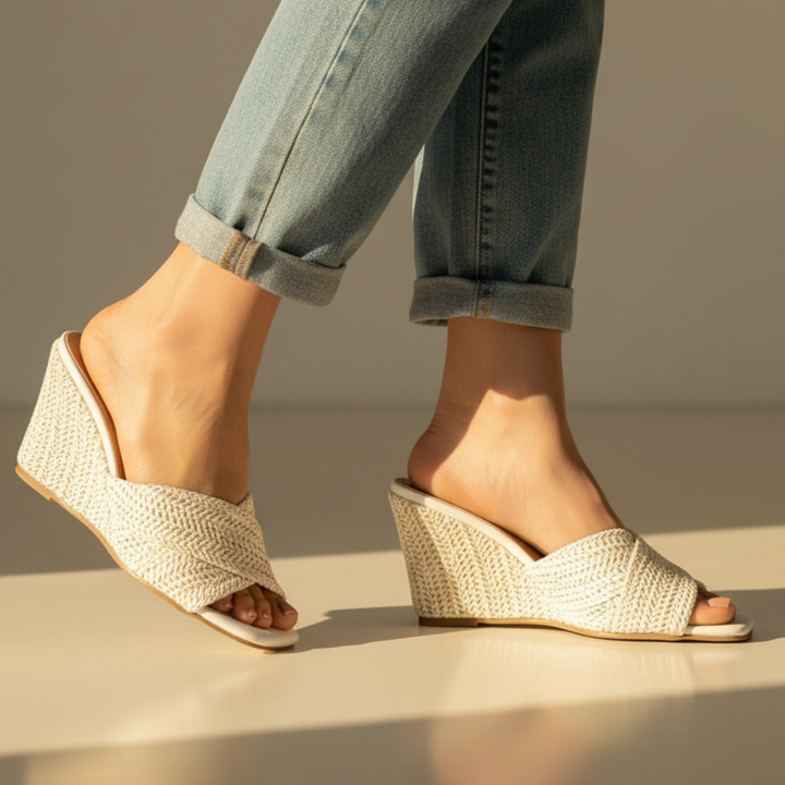 Luna | Stylish Woven Cross Strap Espadrille Wedges