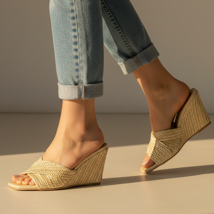 Luna | Stylish Woven Cross Strap Espadrille Wedges
