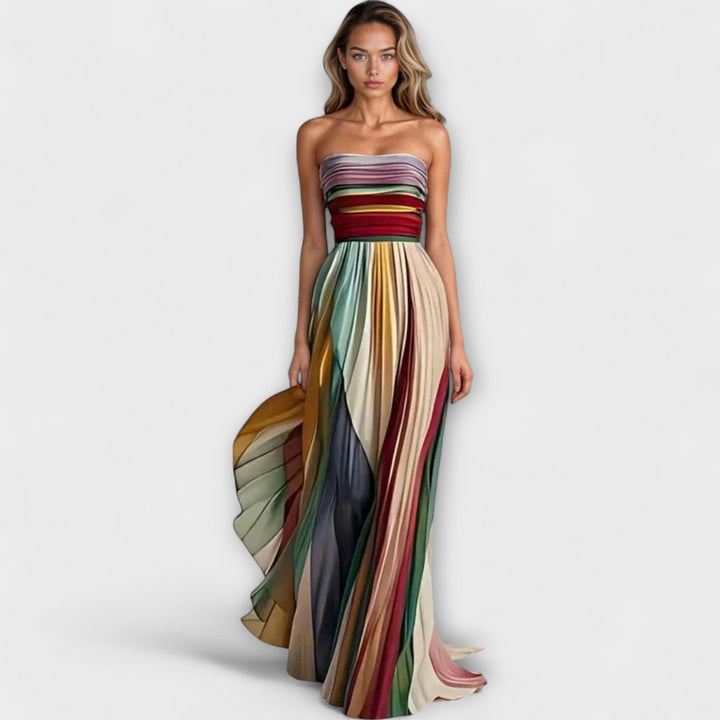 Mackenzie | Effortless Strapless Pleated Striped Cocktail Dress