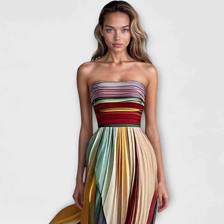 Mackenzie | Effortless Strapless Pleated Striped Cocktail Dress