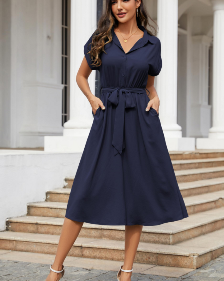 Mackenzie | Stylish Belted Short Sleeve Midi Dress