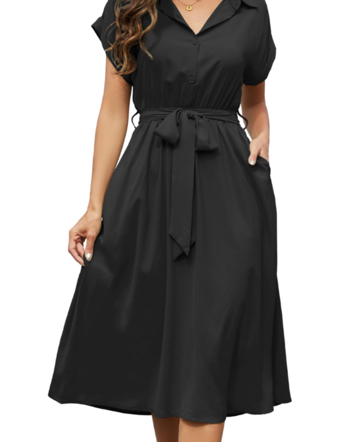 Mackenzie | Stylish Belted Short Sleeve Midi Dress