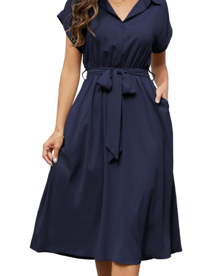Mackenzie | Stylish Belted Short Sleeve Midi Dress
