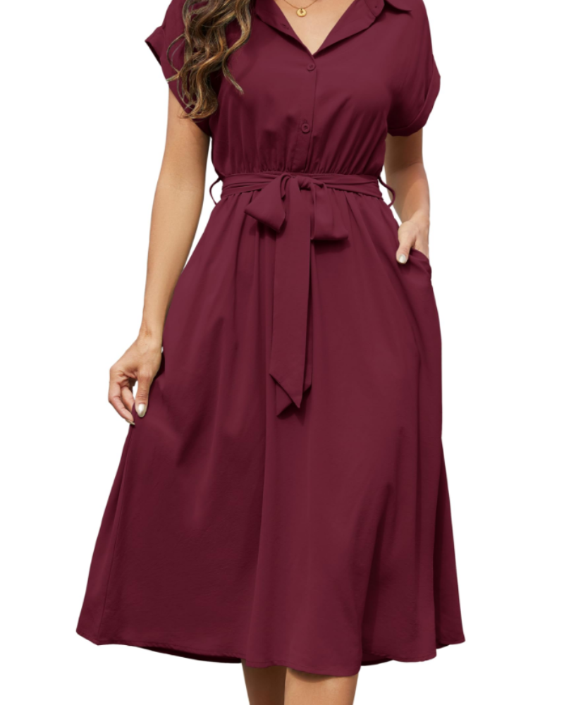 Mackenzie | Stylish Belted Short Sleeve Midi Dress