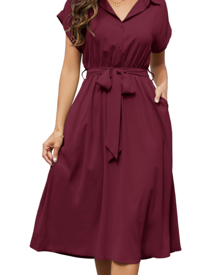 Mackenzie | Stylish Belted Short Sleeve Midi Dress