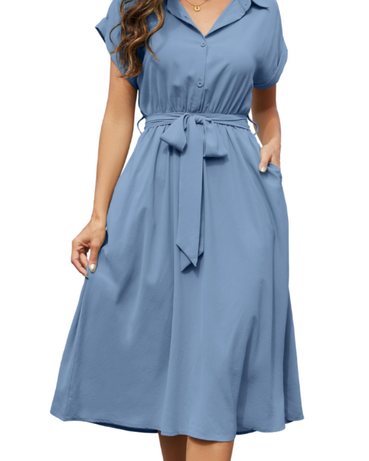 Mackenzie | Stylish Belted Short Sleeve Midi Dress