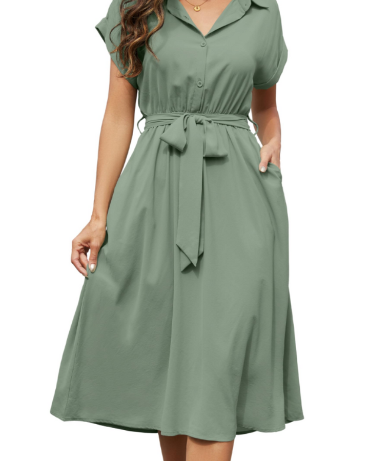 Mackenzie | Stylish Belted Short Sleeve Midi Dress