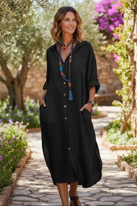 Maeve | Polished Oversized V-Neck Linen Dress with Relaxed Midi Fit