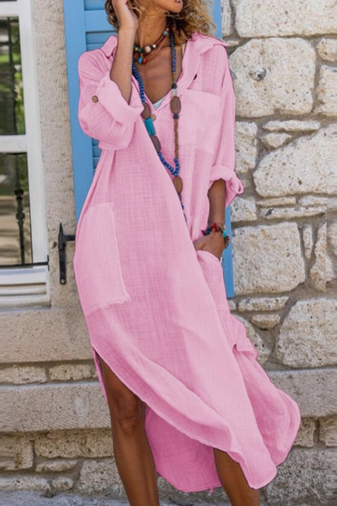 Maeve | Polished Oversized V-Neck Linen Dress with Relaxed Midi Fit