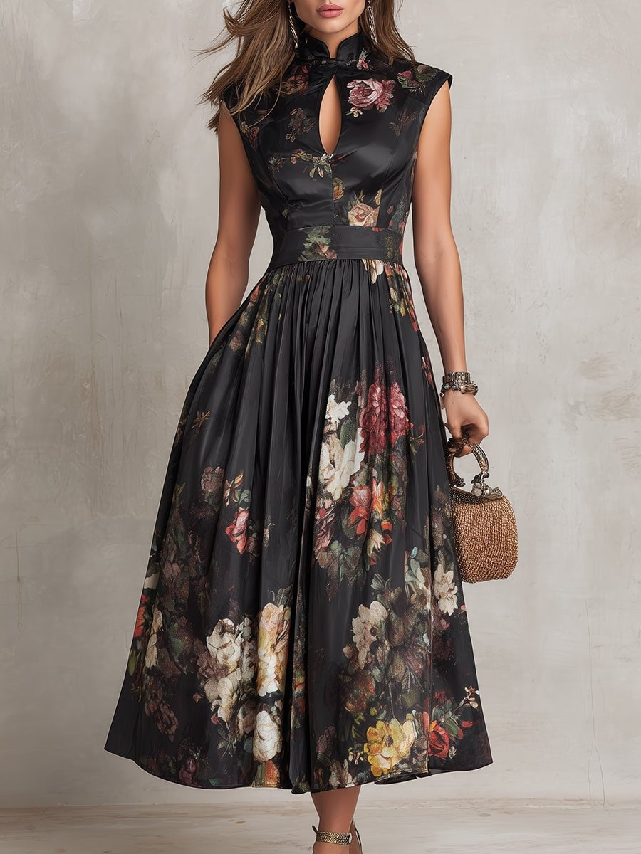 Maggie | Cosy Floral Midi Races Dresses with Keyhole Neckline
