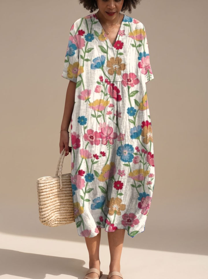 Maggie | Floral V-Neck Short Sleeve Midi Summer Dresses