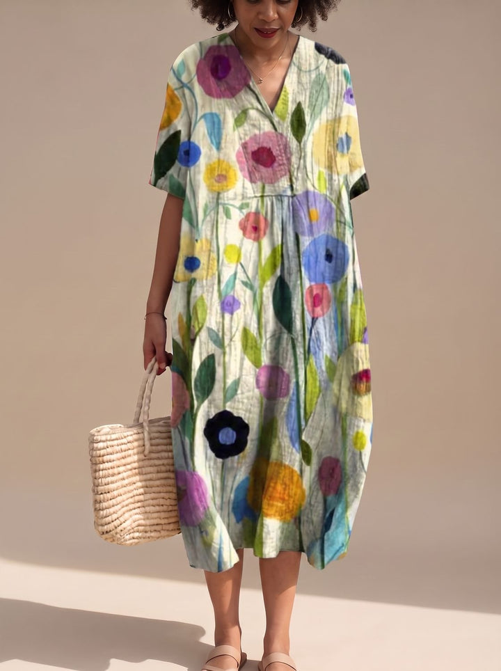 Maggie | Floral V-Neck Short Sleeve Midi Summer Dresses