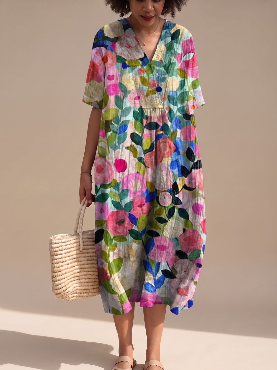 Maggie | Floral V-Neck Short Sleeve Midi Summer Dresses