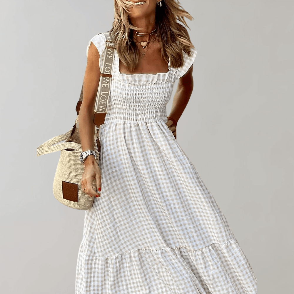Maggie | Polished Smocked Gingham Dress with Tiered Skirt