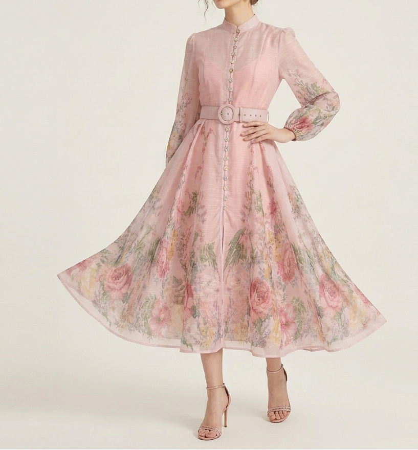 Maggie | Refined Floral Belted Wedding Guest Midi Dress