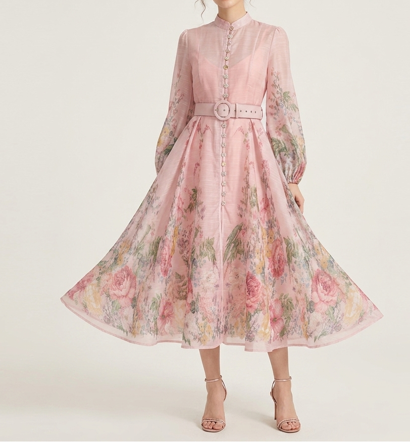 Maggie | Refined Floral Belted Wedding Guest Midi Dress