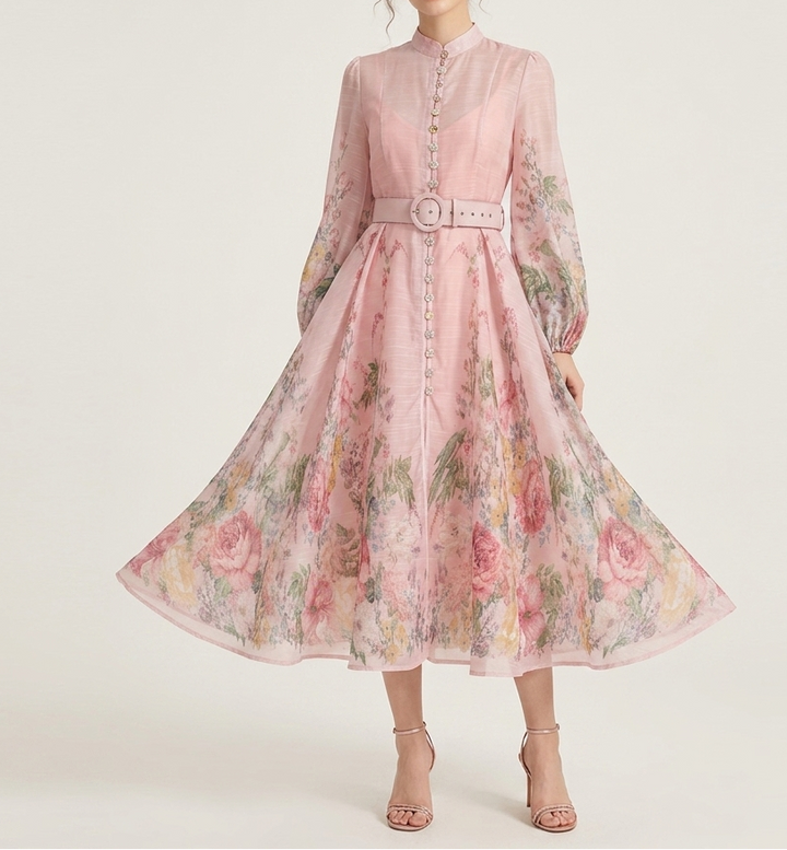 Maggie | Refined Floral Belted Wedding Guest Midi Dress