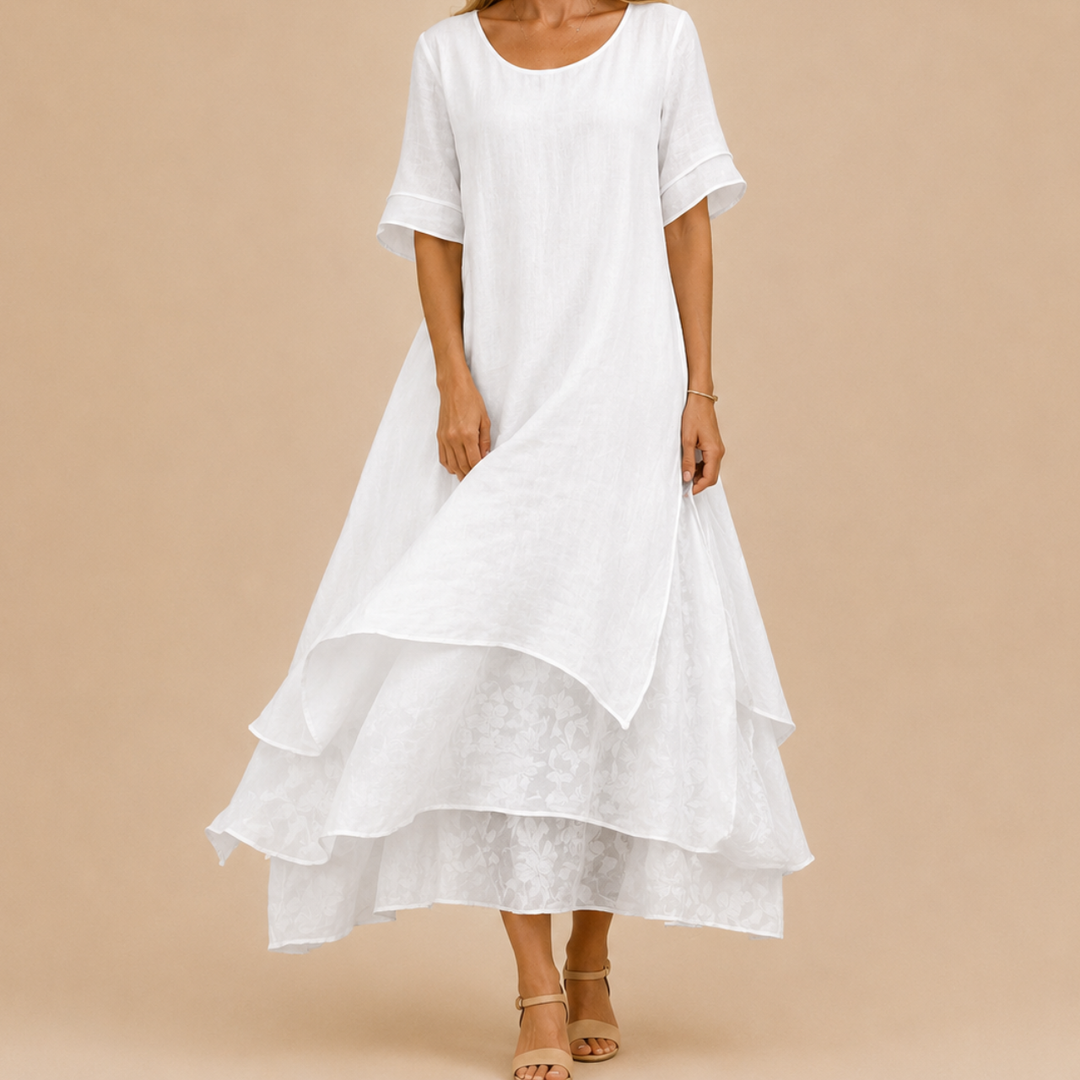 Maggie | Relaxed Tiered Ruffle Linen Dress with Maxi Skirt