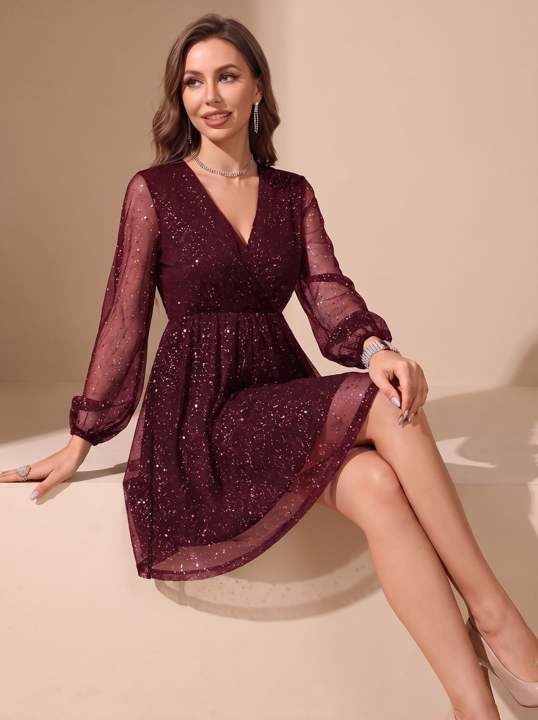 Maggie | Timeless Glitter Christmas Dress with Sheer Sleeves