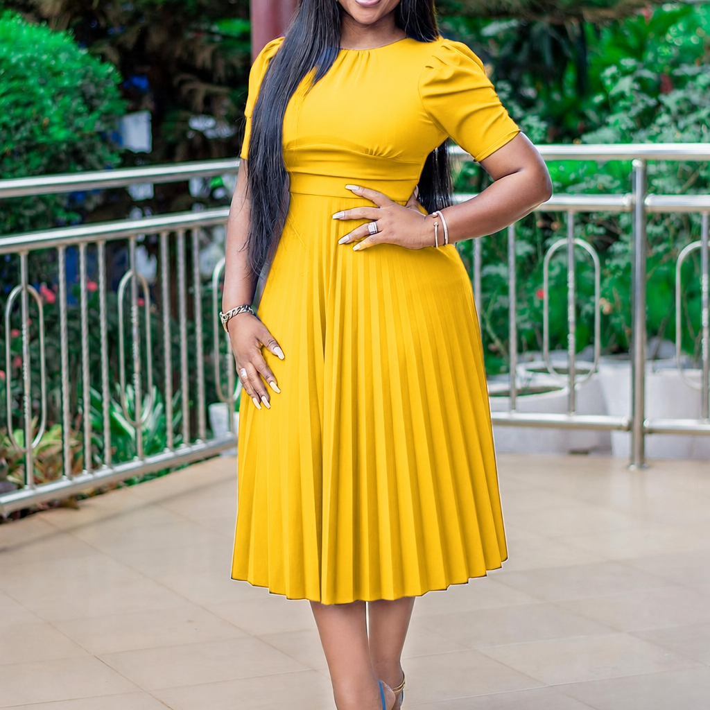Maisie | Relaxed Puff Sleeve Pleated Midi Cocktail Dress