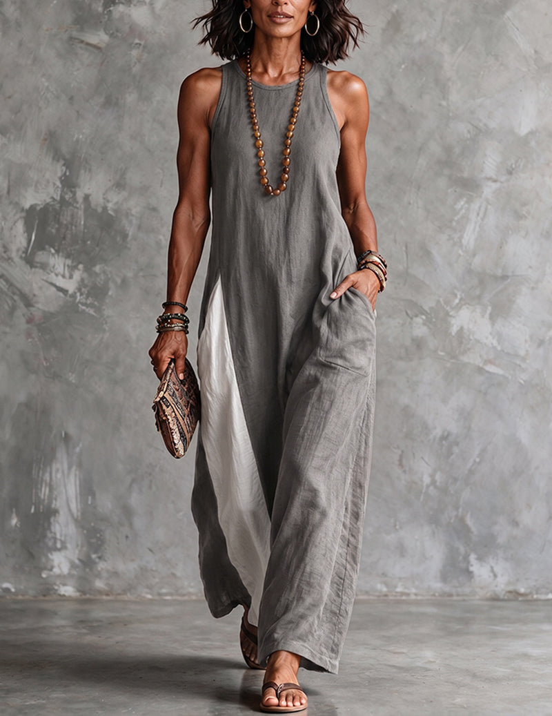 Margot | Classic Colour Block Sleeveless Linen Maxi Dress