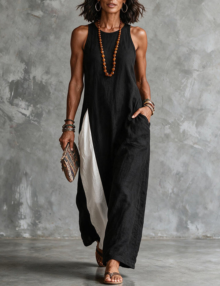 Margot | Classic Colour Block Sleeveless Linen Maxi Dress