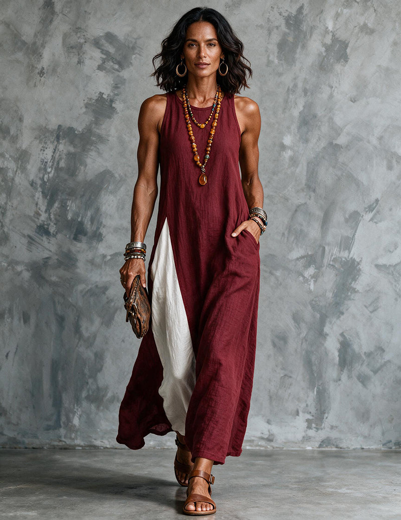 Margot | Classic Colour Block Sleeveless Linen Maxi Dress