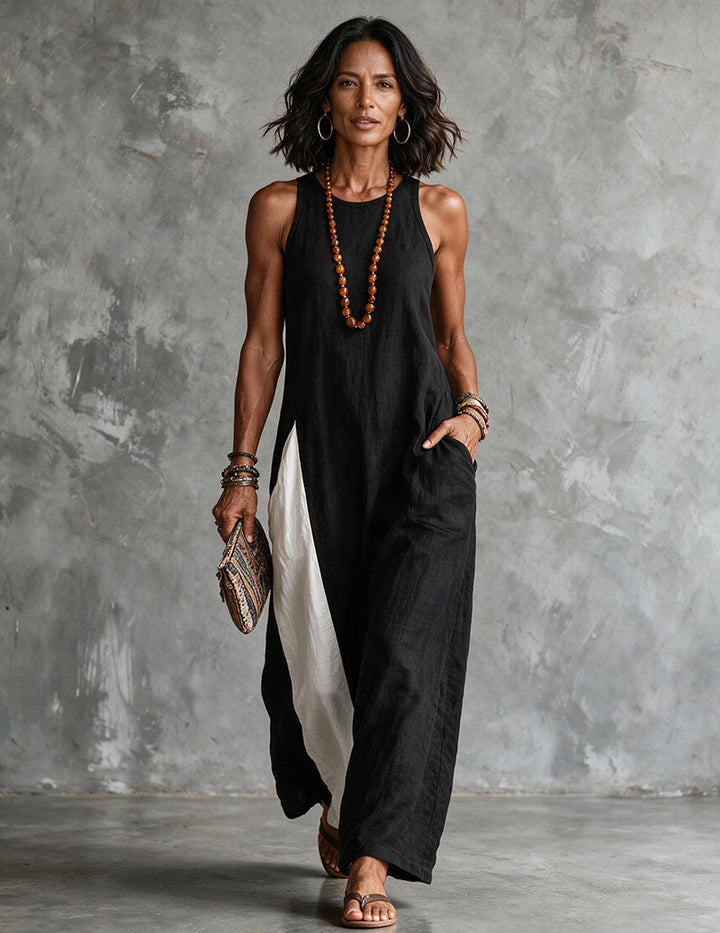 Margot | Classic Colour Block Sleeveless Linen Maxi Dress